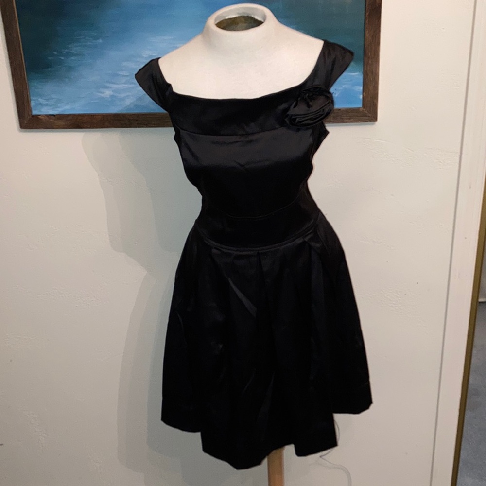 Black Satin cocktail dress with rosette and back bow